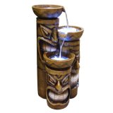 3-Tiered Tiki Fountain with LED fountain Lights illuminating from bowls on top of Tiki statues with faces, fiberglass water fountains, resin water fountains. 