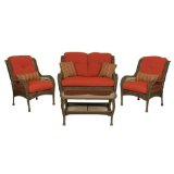 Bella Vista 4pc outdoor wicker furniture Set by La-Z-Boy:2 Lounge Chairs, 1 Loveseat, 1 Coffee Table, 2 Toss Pillows, 2 Lumbar Pillows.