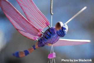 Blue dragonfly with pink wings wind chime hanging on string, dragonfly windchimes, hand-painted windchimes.