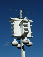 White multiple room purple Martin birdhouse on pole, purple Martin picture, purple Martin birdfeeders.. 