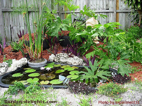  Small rigid pond design with flowerpot in water at the corner of the pond with green spikes with water lilies, small hill and red woodchips built along a fence line, filling a backyard pond, how to build a small pond, outdoor pond, small pond ideas, backyard water feature, dreamy backyard ponds, Home Depot water fountains, good advice when installing a small under 100 gallon or less prefab garden pond on a patio, balcony or in ground. Easy to care for having healthy water, plants,fish.