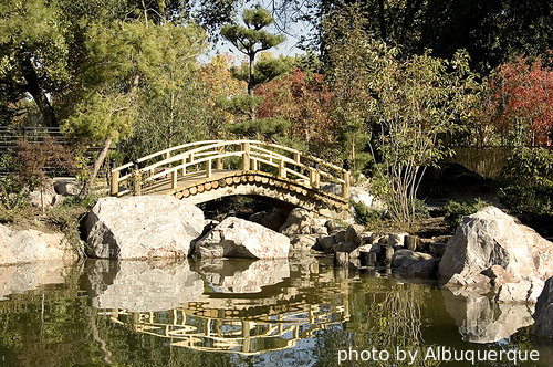 Arched wooden bridge over top of pond surrounded by trees and big boulders, wooden garden bridges, Redwood garden bridges.