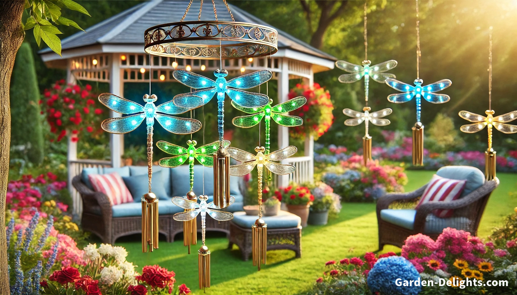 solar dragonfly powered LED lights mobile hanging above the lawn during the day, outdoor solar lights, LED night light for outdoor, garden LED decorations.