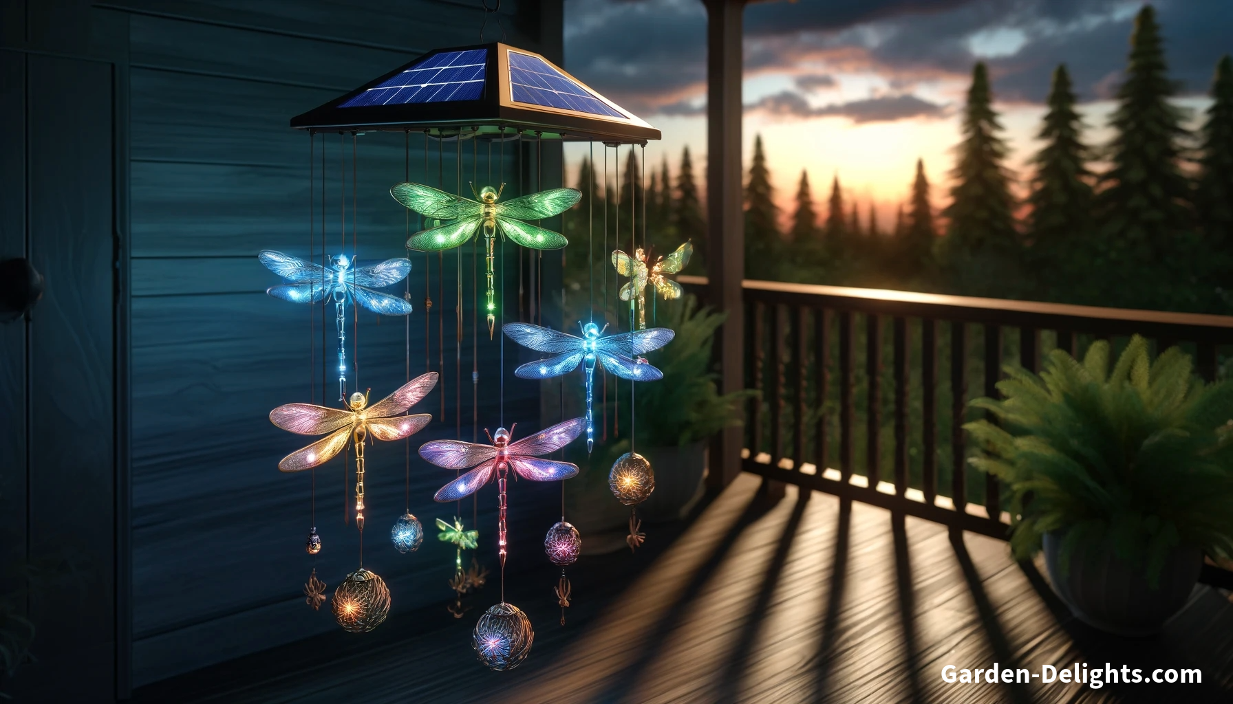 solar powered LED dragonfly windchimes at dusk hanging on patio, colorful dragonfly design, color changing windchimes.