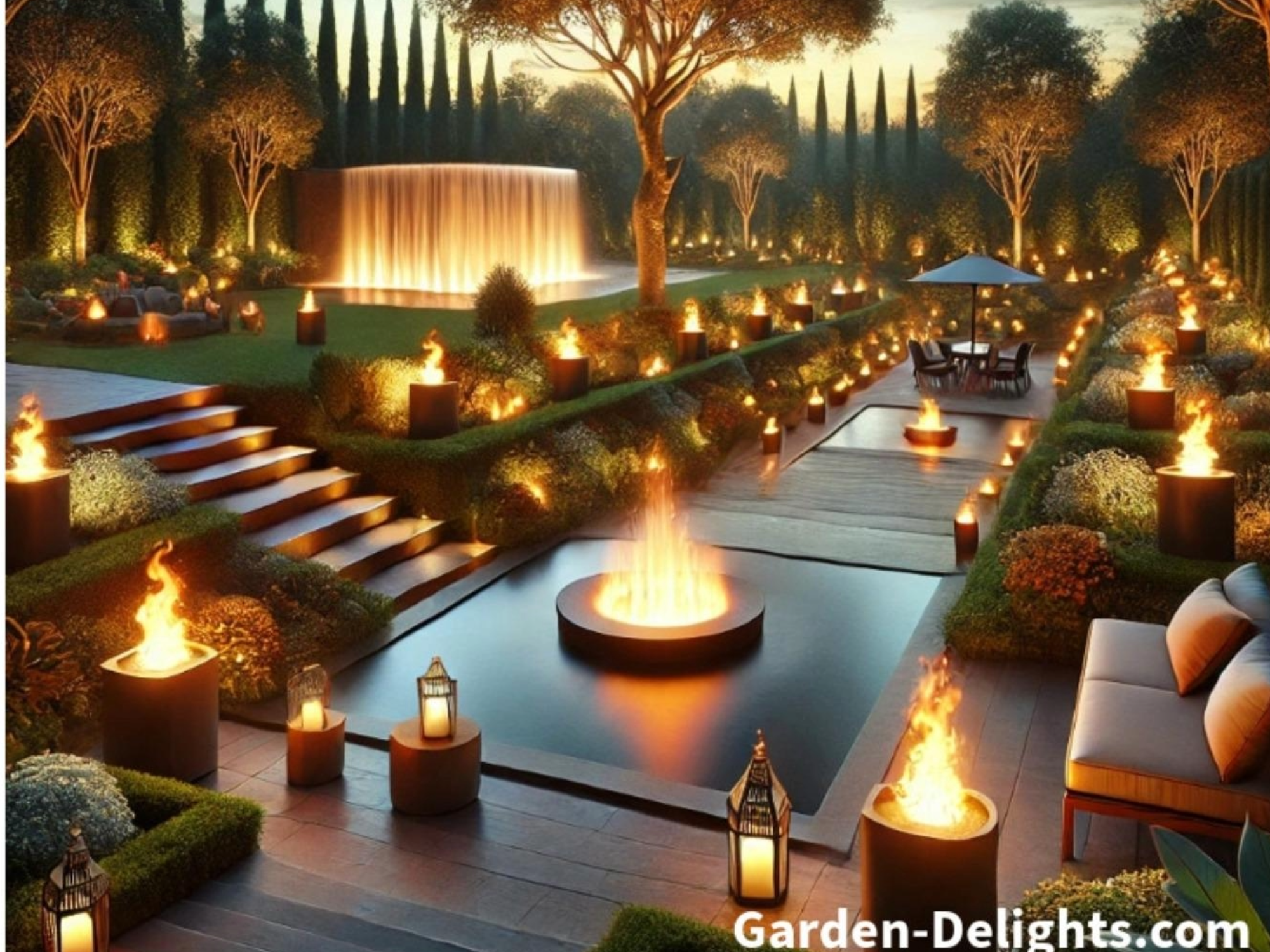 Garden pathway lighting flame flickering garden lanterns on pathway with a fire pit and bright solar torch lights, warm glow torchlights.