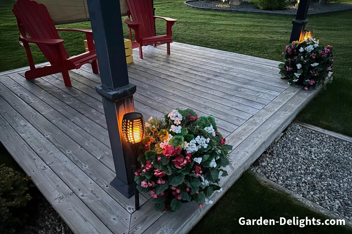  Realistic Flame Effect Lights providing Ambient Lighting for Outdoor pergola by pathway, Patio Lighting Solutions.