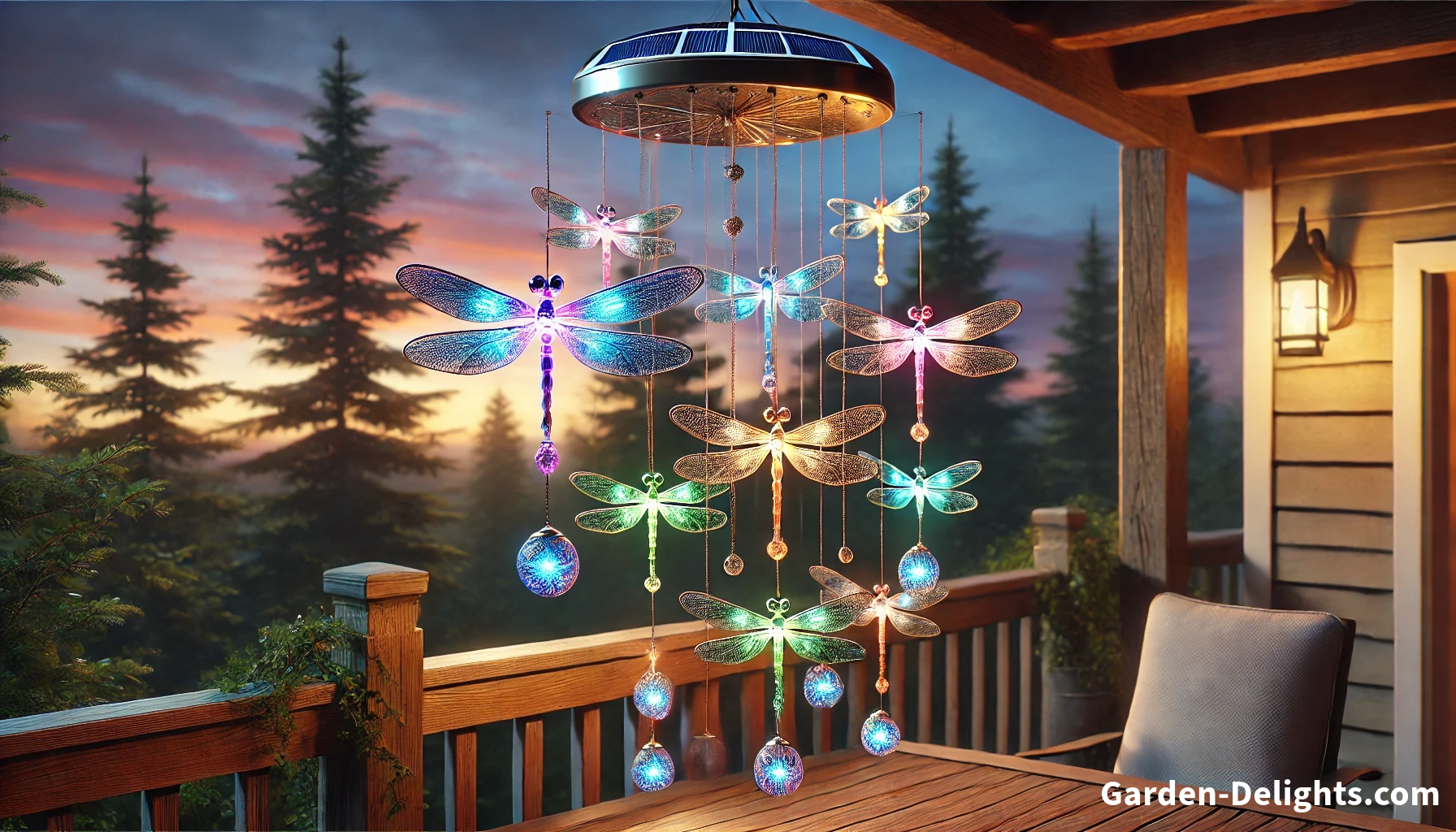 solar powered LED dragonfly windchimes at dusk hanging on patio, colorful dragonfly design, color changing windchimes.