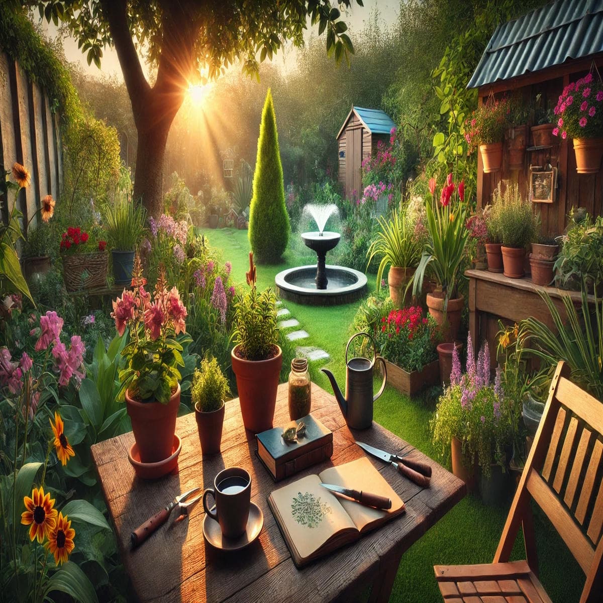garden workspace at golden hour with plants, tools, and outdoor decor, representing creativity, peaceful backyard design, and wind chime inspiration