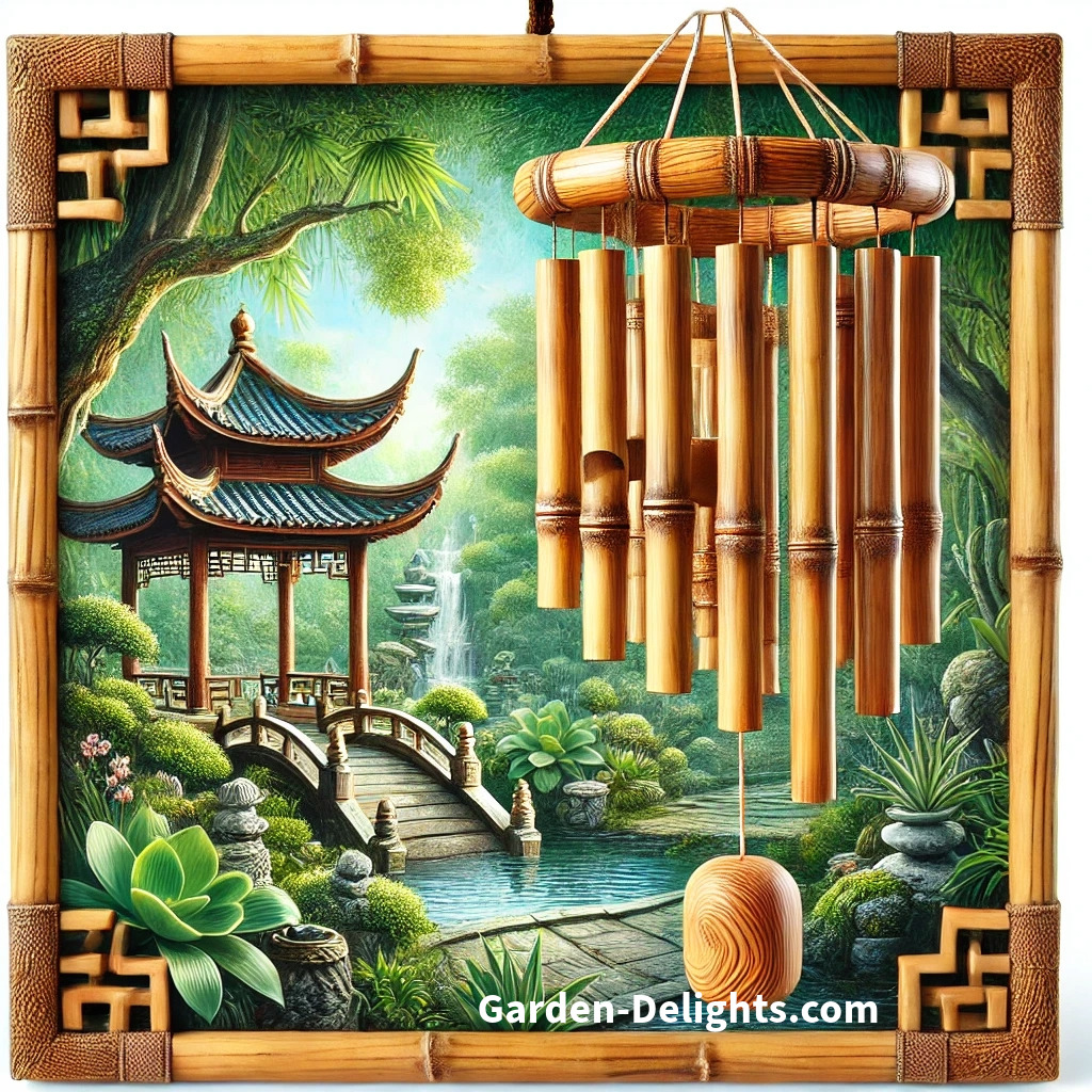  🎋 Bamboo wind chime 🎐 close-up with a Feng Shui garden 🌿 featuring greenery and a pagoda, evoking eco-friendly harmony ♻️.