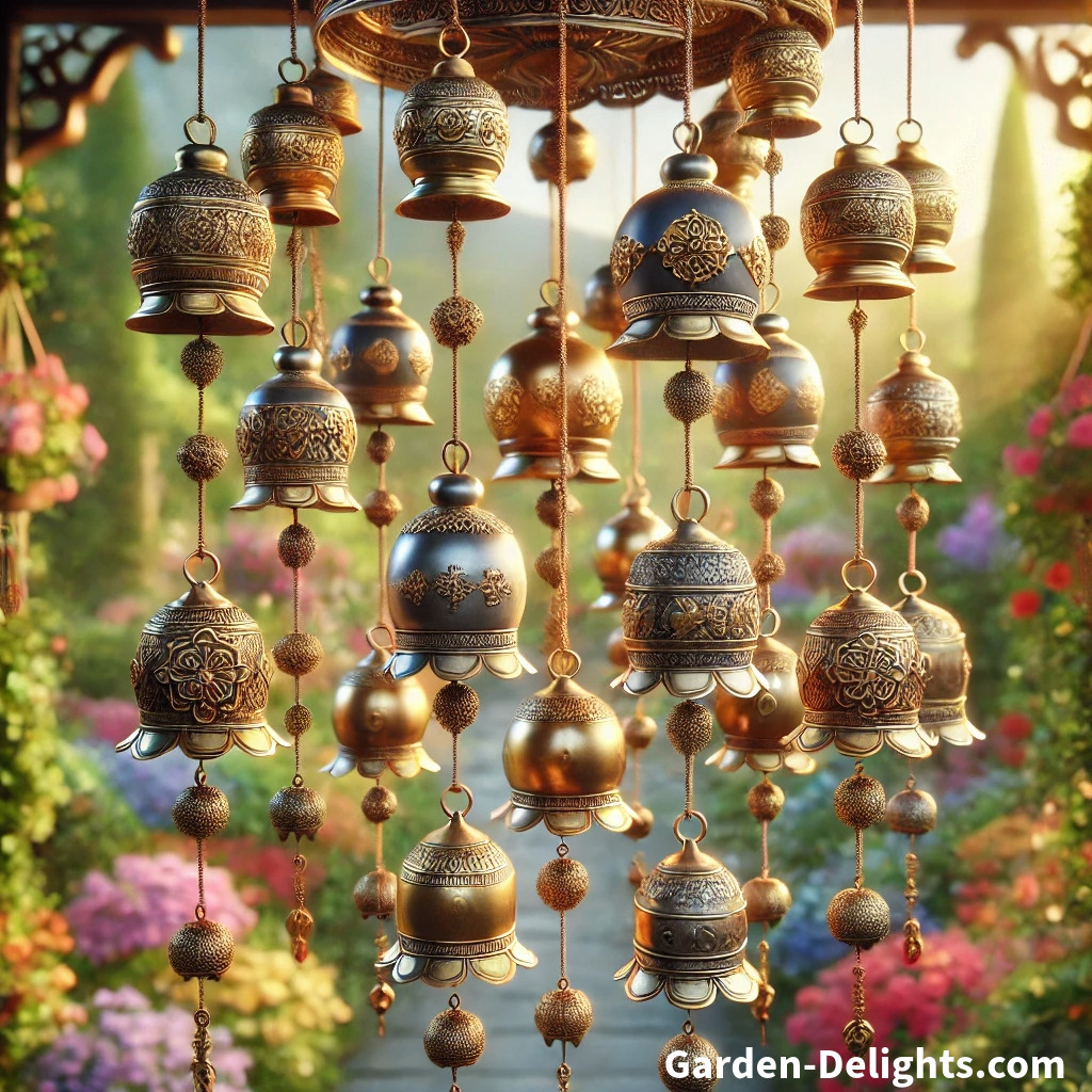  Bell wind chimes 🔔 in a vibrant garden 🌸, with ornate brass and ceramic bells swaying gently 🌬️, producing crisp, melodic tones 🎵.