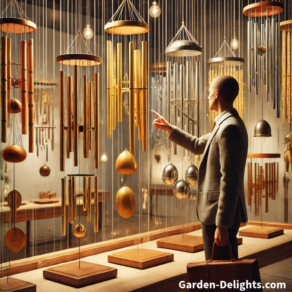 Person in a store 🛍️ pointing at wind chimes 🌿 made of bamboo, brass, and metal, choosing based on sound 🎶 and style 🎨.