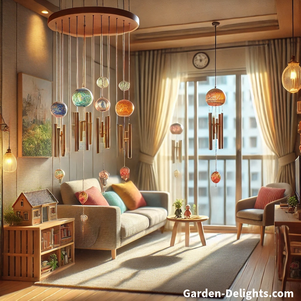 Cozy apartment living room 🏠 with compact glass 🌈 and tubular 🎶 wind chimes hanging near a window 🌬️. The chimes add charm and tranquility, complementing the sofa, chair, and small TV 📺 in the serene space.