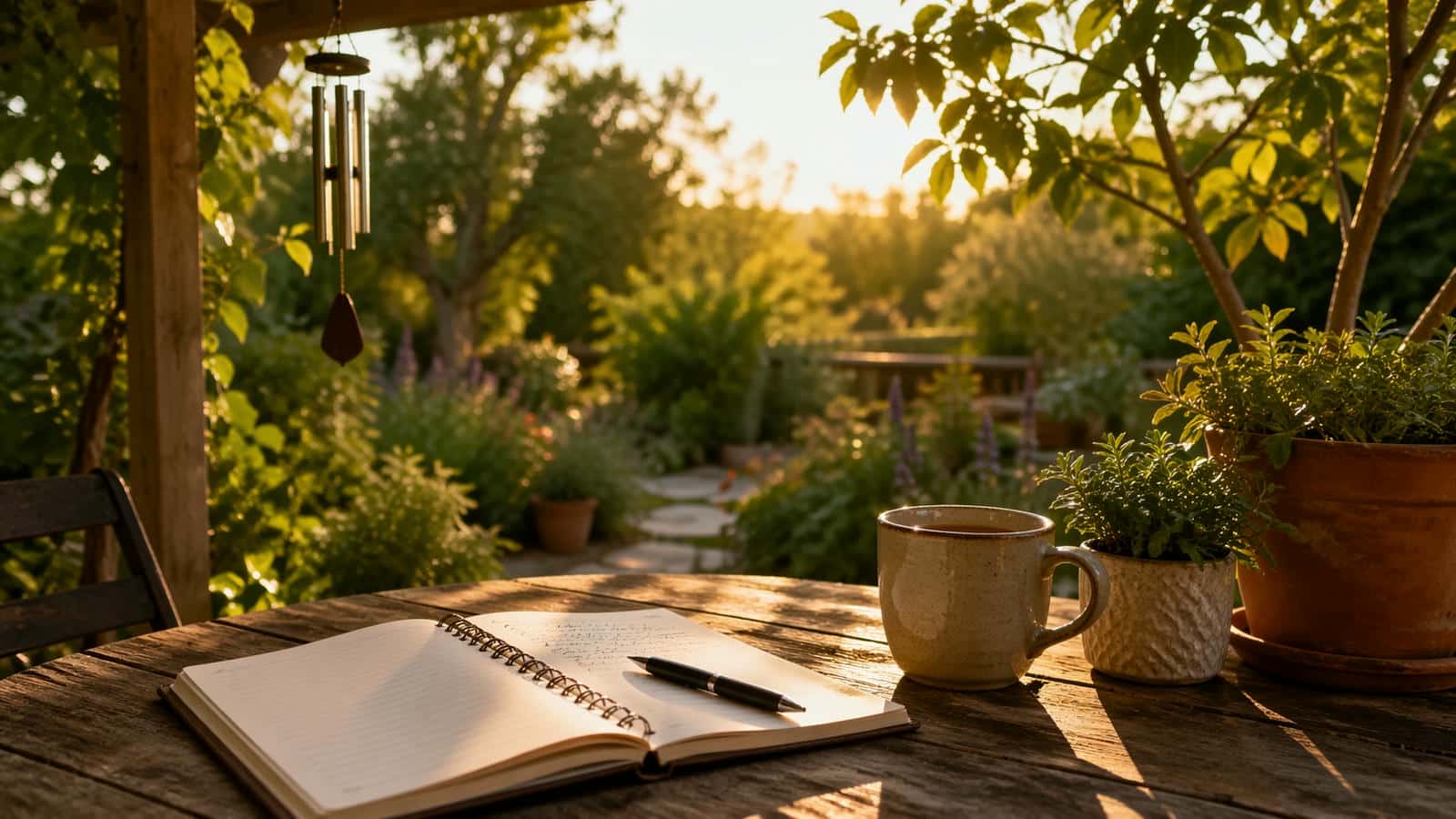 outdoor garden workspace with notebook, coffee, and soft natural light creating a calm setting that represents communication, thoughtful connection, and reaching out to Garden Delights for wind chimes and outdoor decor guidance