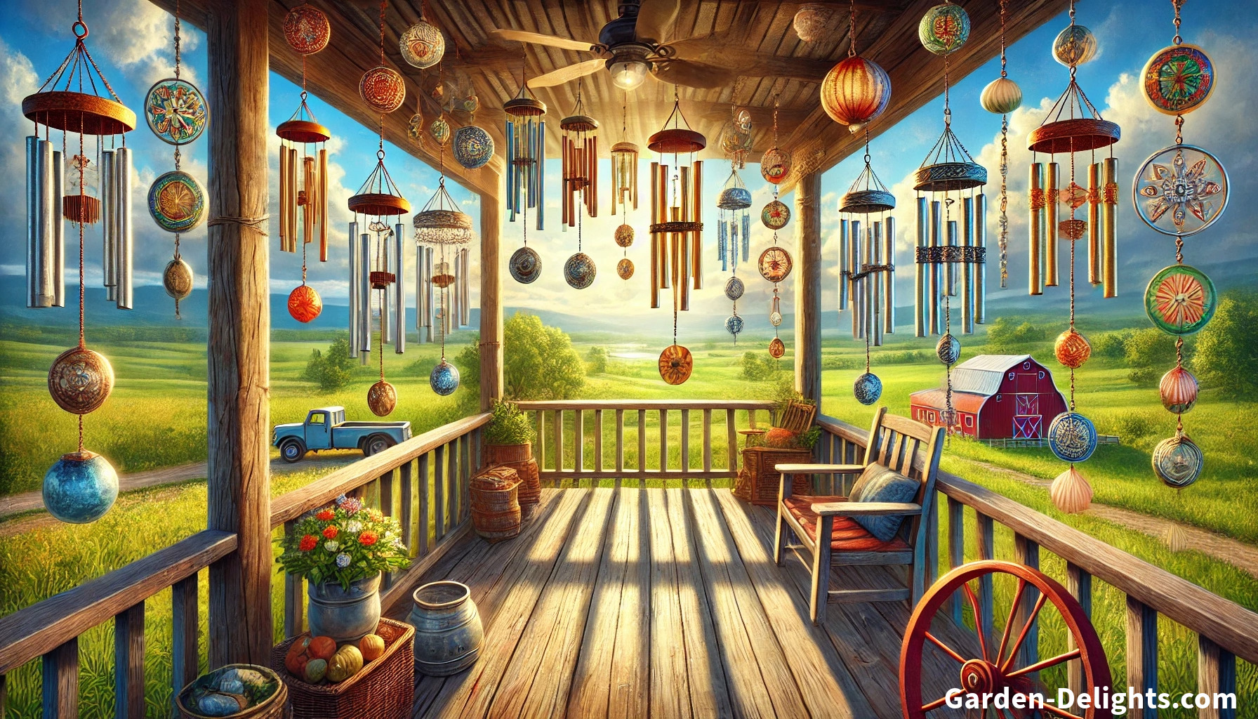  Different types of unique Decorative wind chimes on a deck overlooking farmland.