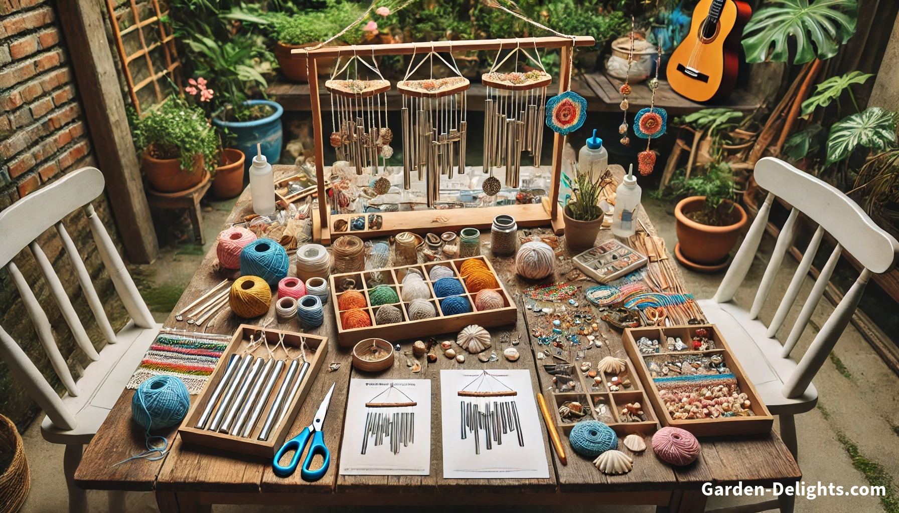 DIY wind chime garden accents in progress: A hobby table filled with tools, strings, and instructions for handmade wind chimes