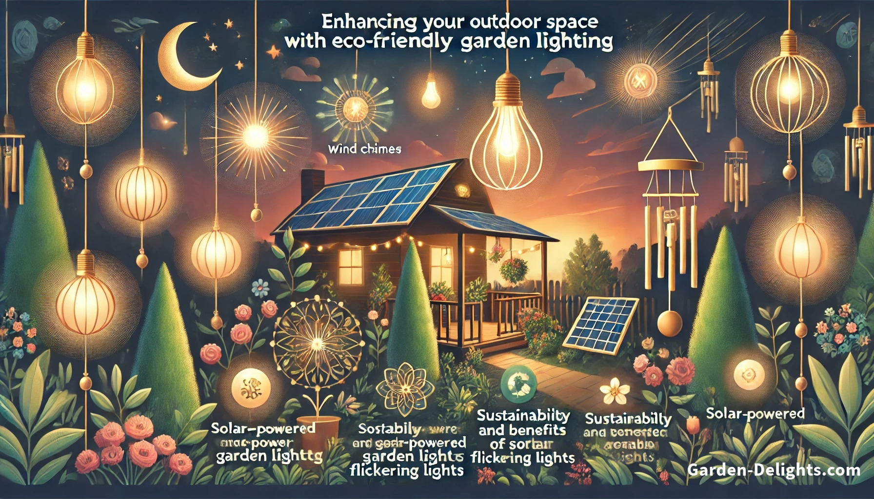  Eco-friendly garden lighting with solar-powered hanging lights and a cabin with solar sheds, enhancing outdoor spaces. 