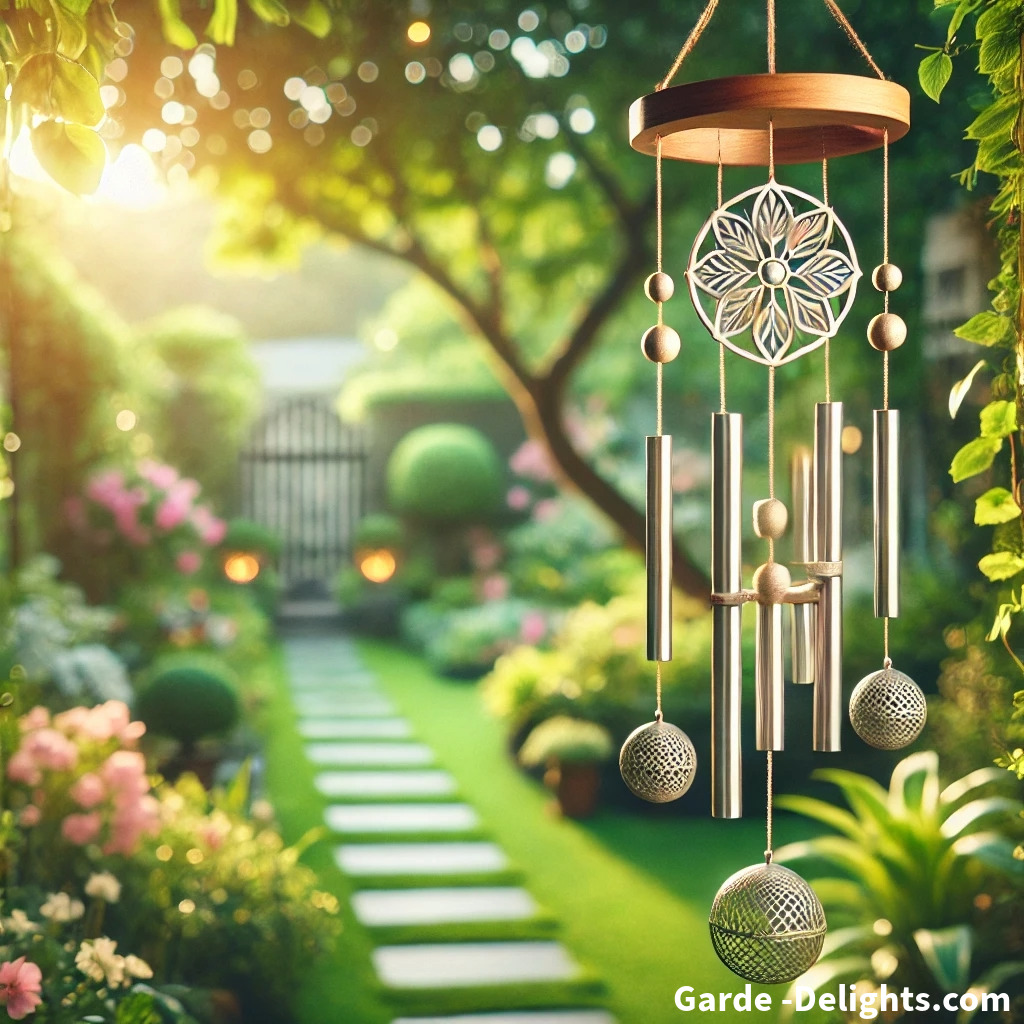 ✨ Elegant wind chime 🎐 in a tranquil garden 🌿🌸 with lush greenery and vibrant flowers, softly illuminated by sunlight ☀️, showcasing intricate craftsmanship. 