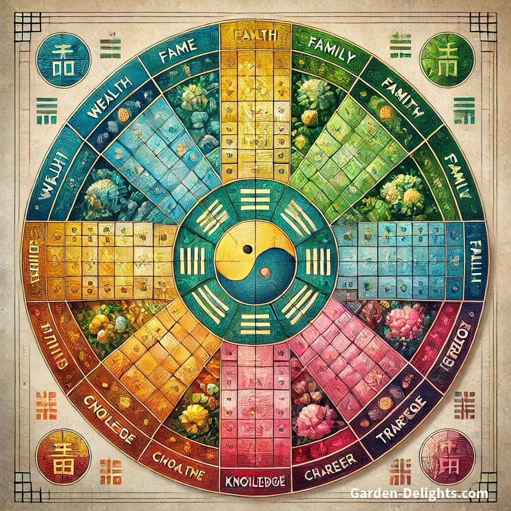  A detailed 🌬️ Feng Shui Bagua map with vibrant colors, showing nine life areas: 💰 Wealth, 🏆 Fame, ❤️ Relationships, 🌿 Family, ✨ Health, 🎨 Creativity, 📘 Knowledge, 🏢 Career, and ✈️ Travel. Perfect for aligning chi and energy in your space.