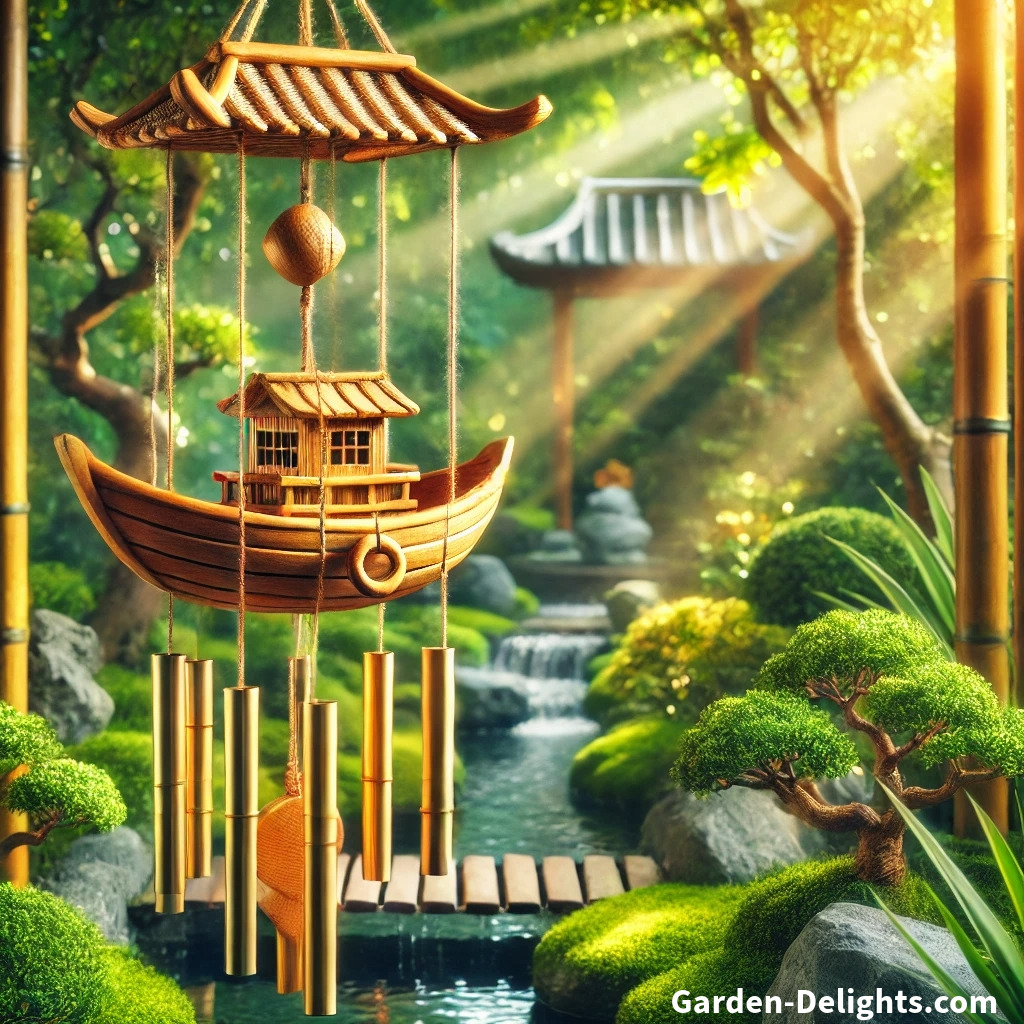  🧘 A boat-shaped Feng Shui wind chime 🌬️ in a serene garden with greenery 🌿 and a water feature 💧, symbolizing harmony ✨ and positive energy.