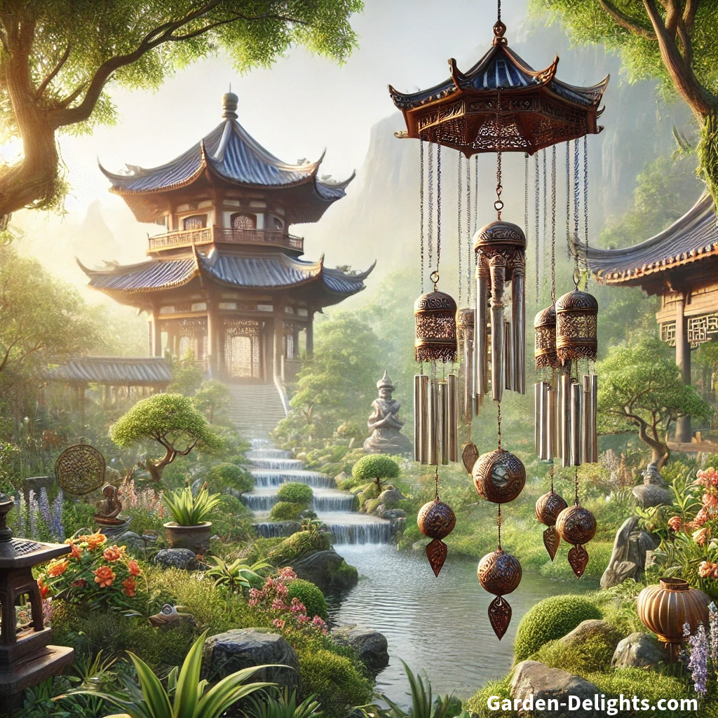  🌏 A serene Feng Shui garden with ancient Chinese temples 🏯, featuring wind chimes 🎐 made of metal 🔩, wood 🌱, and ceramic 🏺, surrounded by greenery 🌿 and a water feature 💧 for harmony ✨.