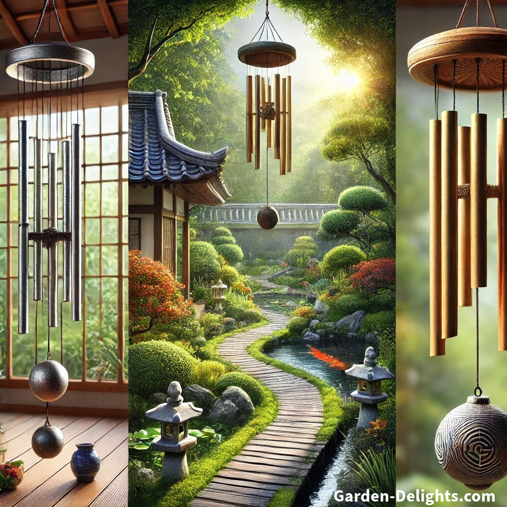  🏡 Feng Shui outdoor scene with a five-rod metal wind chime 🔩 at the front door 🚪 for protection and positive energy. Bamboo wind chime 🌿 near a koi pond 💧 adds serenity, while a ceramic chime 🏺 along a garden path 🛤️ enhances chi flow ✨ and harmony.