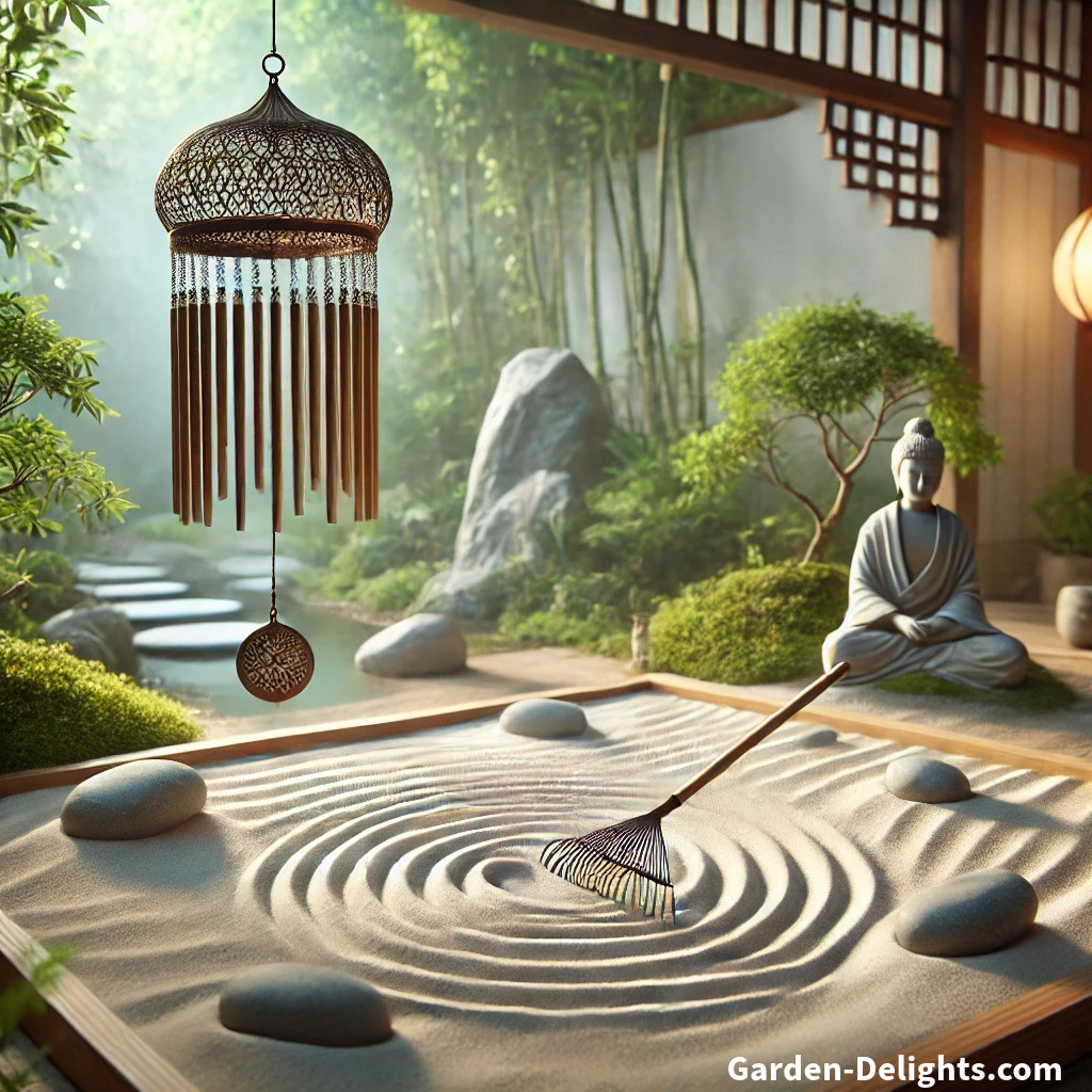  🏞️ Feng Shui sand garden 🧘 with a rake 🪜 and a wind chime 🌬️, surrounded by greenery 🌿 and soft light 🌞, promoting harmony ✨ and positive chi.