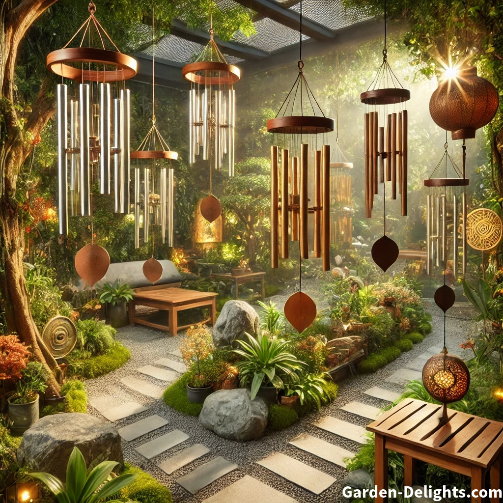  🌿 A serene Feng Shui-inspired garden featuring wind chimes made of metal 🔩, wood 🌱, and ceramic 🏺, each strategically placed to attract wealth 💰, harmony ✨, and positive energy 🌬️. Lush greenery, soft sunlight 🌞, and a tranquil water feature 💧 enhance the flow of chi, creating a balanced and inviting atmosphere.