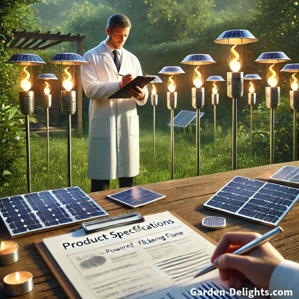  Man with clipboard surrounded by flame simulation LED solar torches, patio lighting solutions.