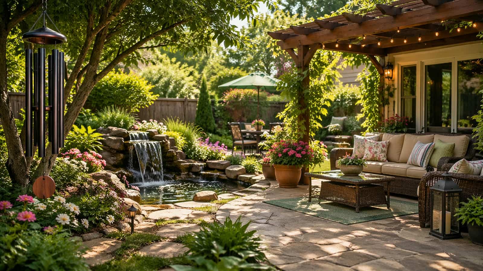 organized backyard garden scene with wind chimes, water fountain, and outdoor seating representing the full sitemap and structured content overview of Garden Delights