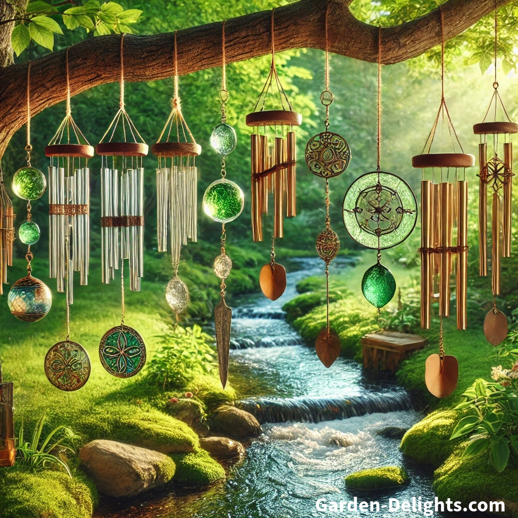  🌳 Glass, wood, and metal wind chimes 🎐 hanging in a sunny garden ☀️ with a creek 🌊, creating harmony and soothing tones 🎵.