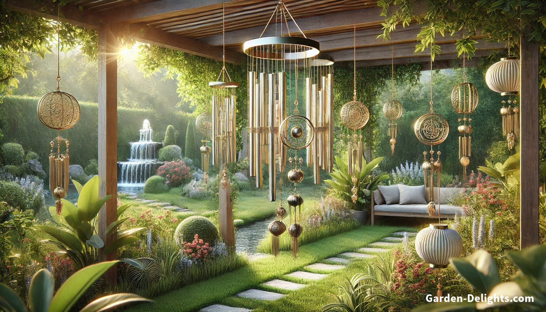 Elegant wind chimes hanging in a tranquil garden with lush greenery, blooming flowers, and sunlight filtering through the leaves.