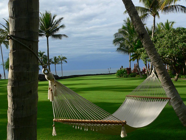 Rope hammock hung on trees with open green landscape, hanging hammocks best location, Hawaiian beach hammocks, Hawaiian Paradise hammocks.