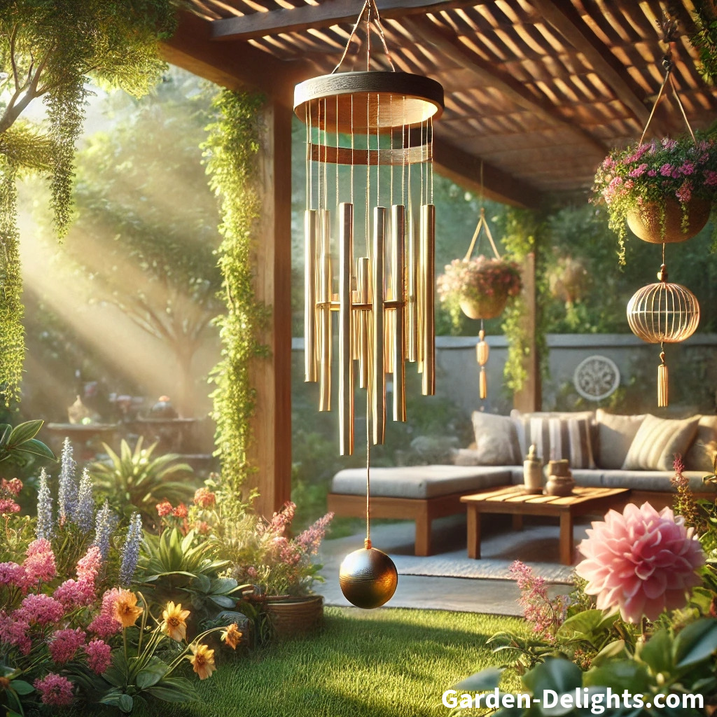 🌸 A serene garden with a wind chime 🌬️ hanging from a pergola, surrounded by flowers 🌺 and greenery 🌿, basking in sunlight ☀️.