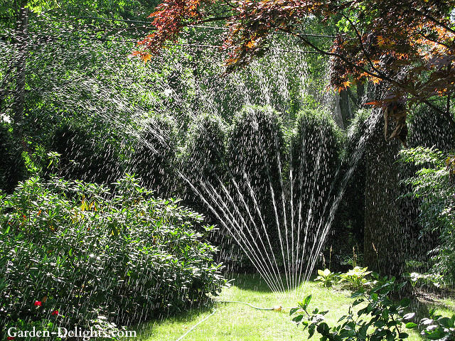 Lawn sprinkler spraying water into garden plants. Garden watering, watering plants, landscape watering. 