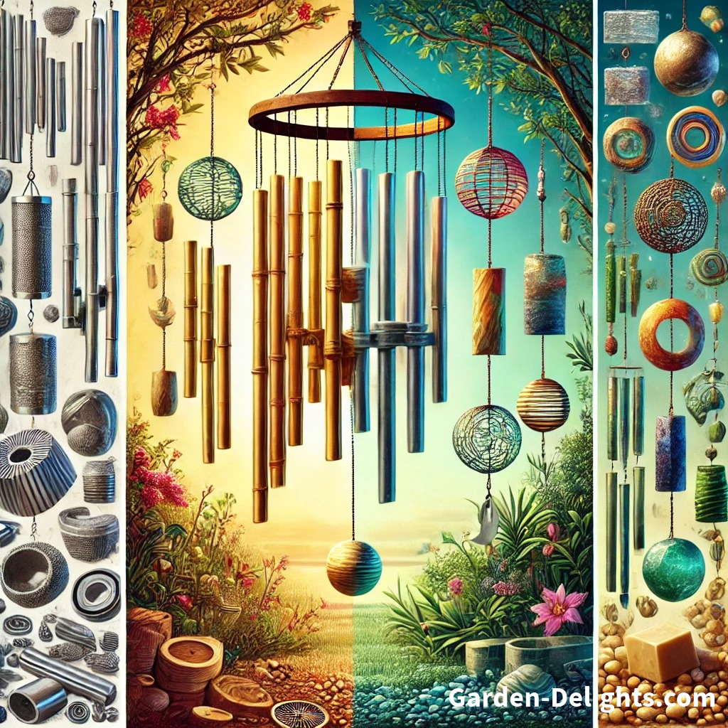  🎐 Wind chimes made from metal 🪙, bamboo 🎋, glass 🌟, ceramic 🏺, plastic ♻️, and resin, showcasing raw materials to finished designs in a lush garden 🌳.