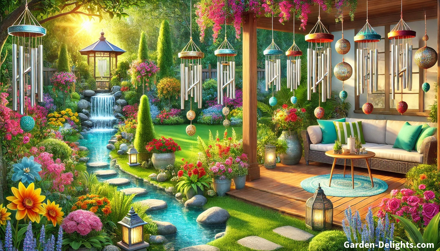  Outdoor hanging chimes 🎐 by a waterfall 💦, stream 🌊, and deck 🌳, creating a relaxing, serene atmosphere. 🧘‍♀️