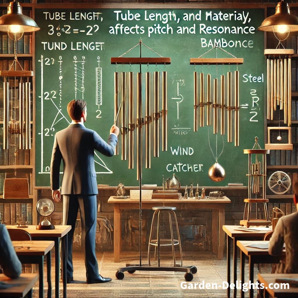  Professor explaining wind chime physics 🔔⚛️ with diagrams 🧮 and wind chimes 🌬️ in a classroom 📚, showcasing tube length, material, and resonance 🎵.