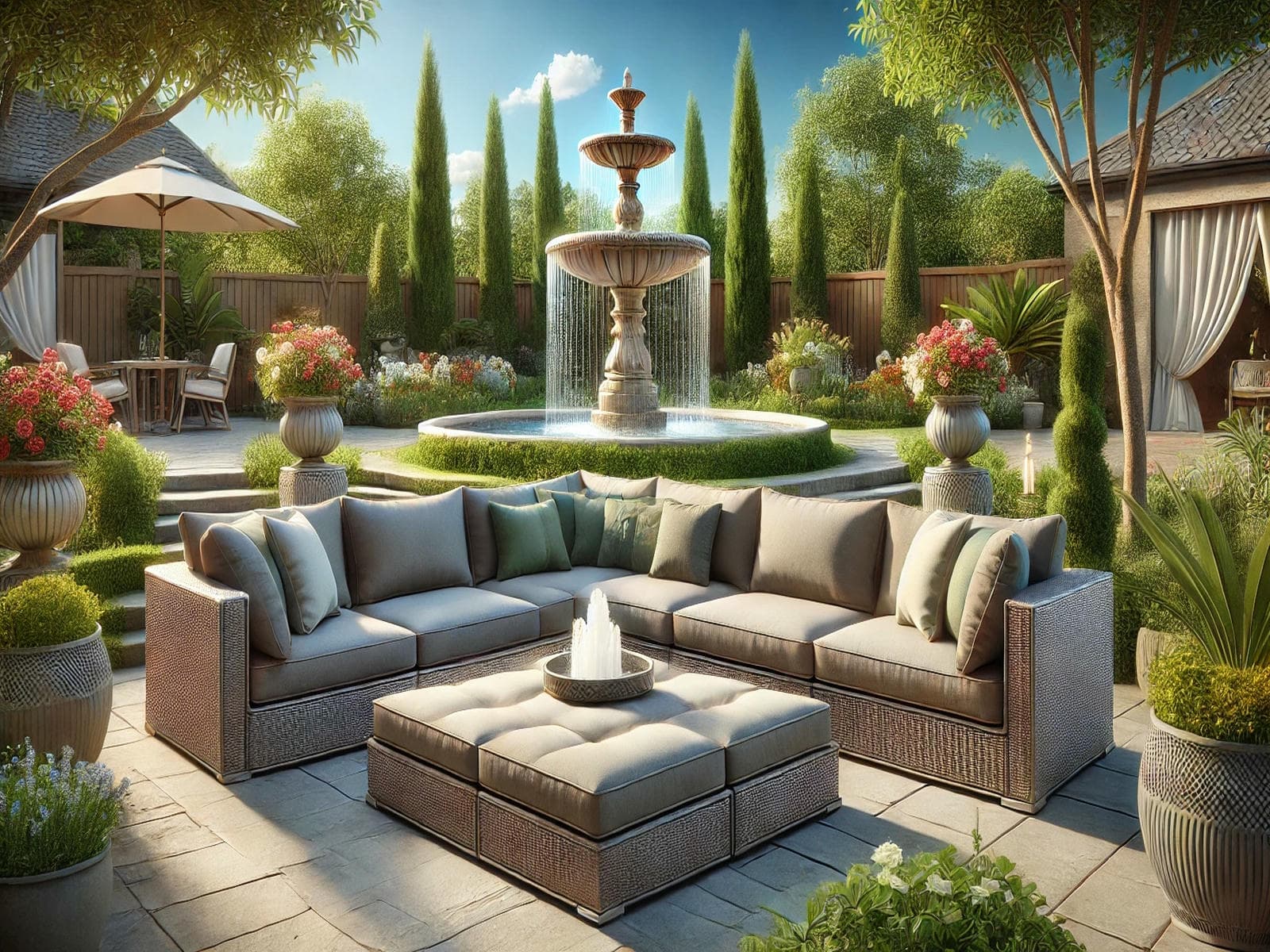 calm garden setting with outdoor seating and water feature representing privacy, transparency, and a secure browsing experience on Garden Delights