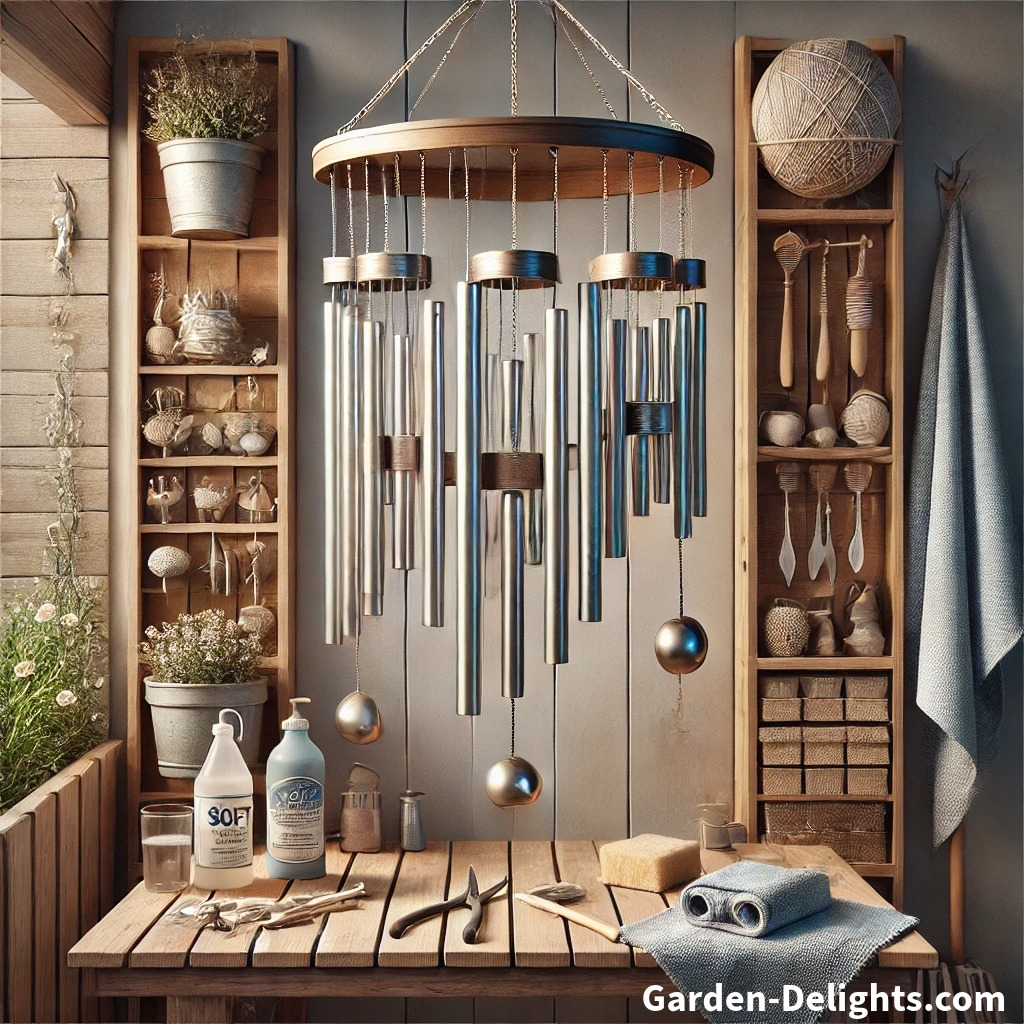  🔩 Wind chimes securely anchored 🌦️, made of rust-resistant metal, hung at a reachable height 🧼, ensuring safety ✂️🧸 and easy maintenance in a sheltered setting.