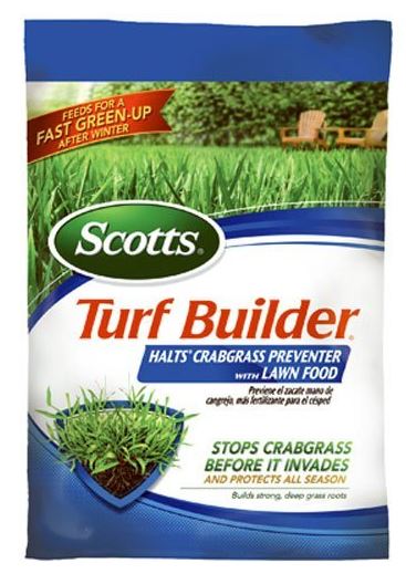 Turf builder crabgrass preventer on food bag, Pre-emergent chemical, weed control, chemical weed treatment, prevent crabgrass seeding.