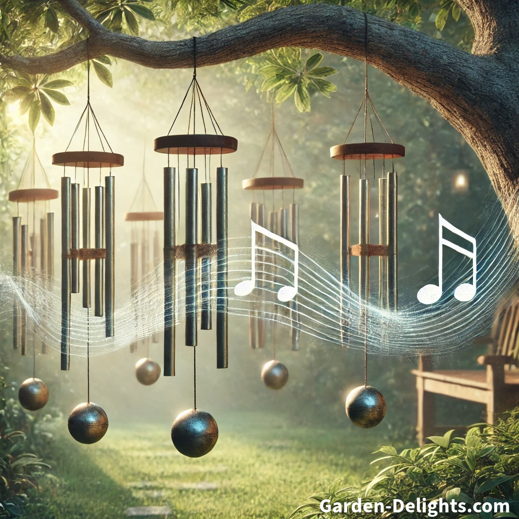  🌿 Wind chimes in a serene garden, swaying in the breeze 🌬️ with musical notes 🎶 rising, showcasing diverse tones and tranquil sound. ✨.