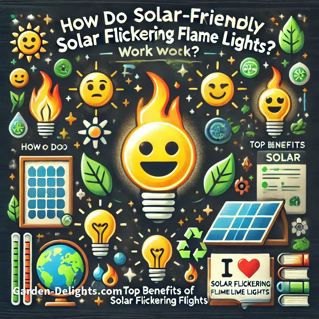  Cartoon image showing how solar flickering flame lights work, highlighting a realistic flame effect and its benefits.