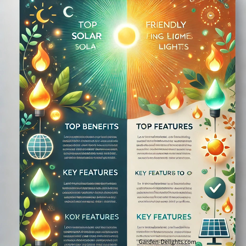  Colorful cartoon image showcasing benefits and features of solar flickering flame lights with solar flames and panels.