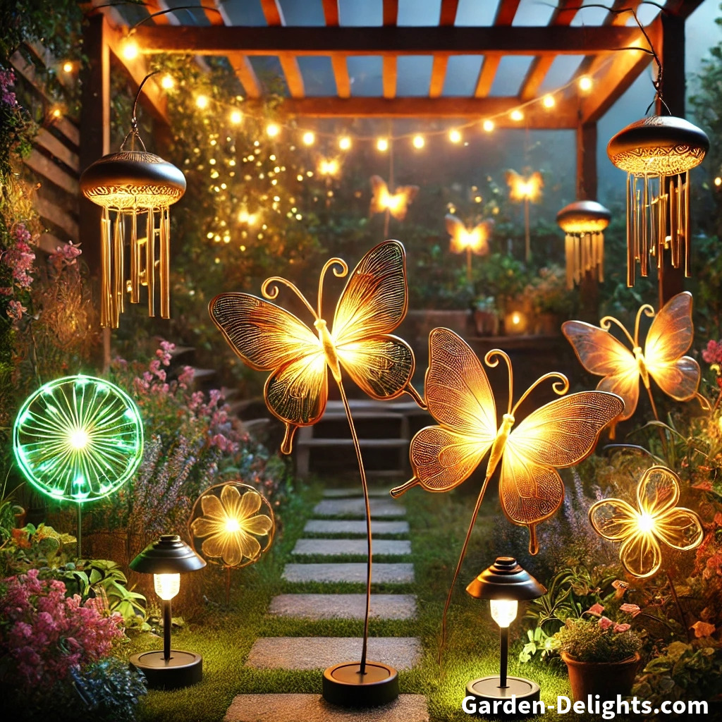 ✨ Beautiful garden at dusk with glowing butterfly solar lights 🦋, swaying wind chimes 🎐, and warm ambient lighting 🌸✨.