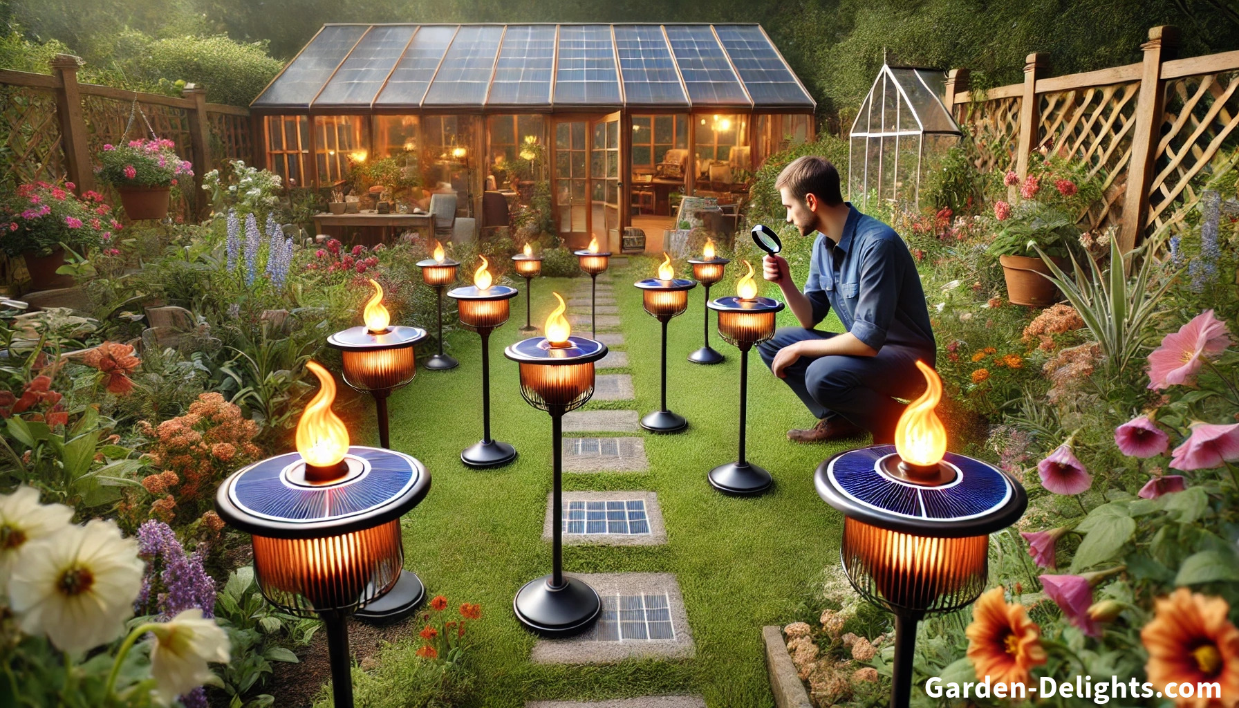  Gardener selecting solar-powered flickering torch lights for yard landscaping in front of a greenhouse.