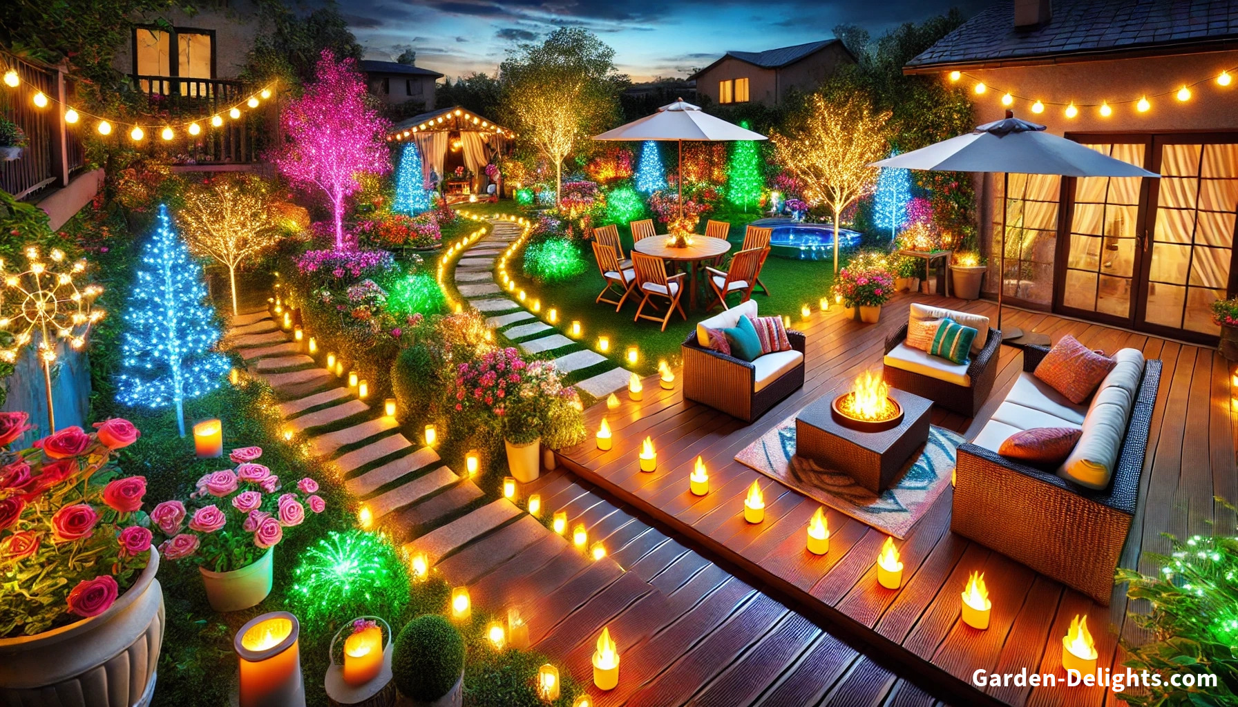  Solar-powered LED flame pathway lights illuminating a backyard with a warm, decorative glow.