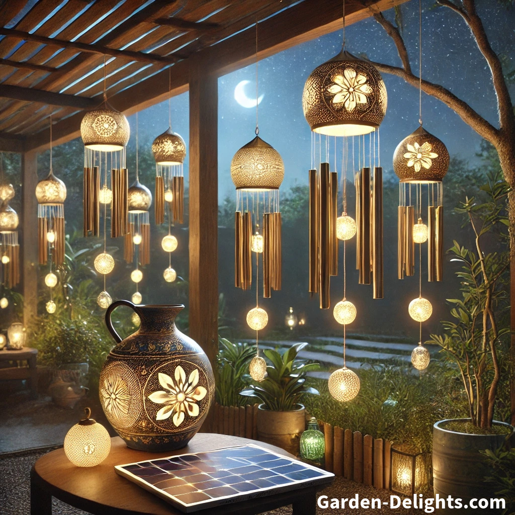 🌌 Solar-powered wind chimes 💡 glowing softly in a serene garden 🌿 with eco-friendly accents 🌍 under a starry night sky ✨. Perfect blend of sound 🎶 and light for outdoor charm.