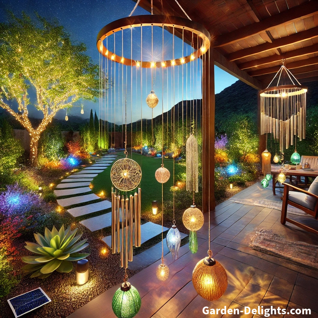 🌱 Eco-friendly solar wind chimes & 🌈 color-changing LED lights in a serene Arizona garden. Crafted from ♻️ recycled glass & bamboo, swaying gently in the sunlight ☀️ with lush greenery & relaxation spots 🌳.