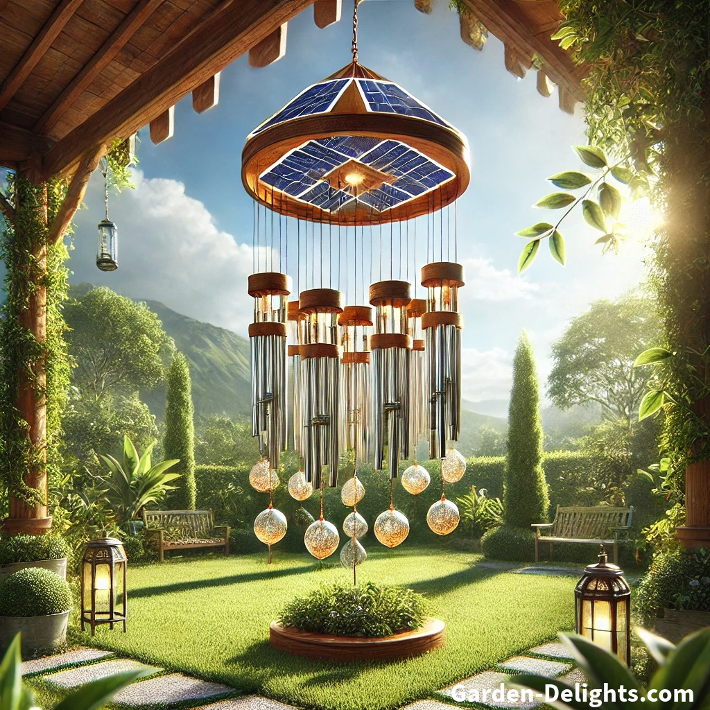 🌱 Solar-powered wind chimes made from ♻️ bamboo & glass, hanging securely in a sunny garden. 💡 Eco-friendly, durable, & energy-efficient under clear skies. 🌞