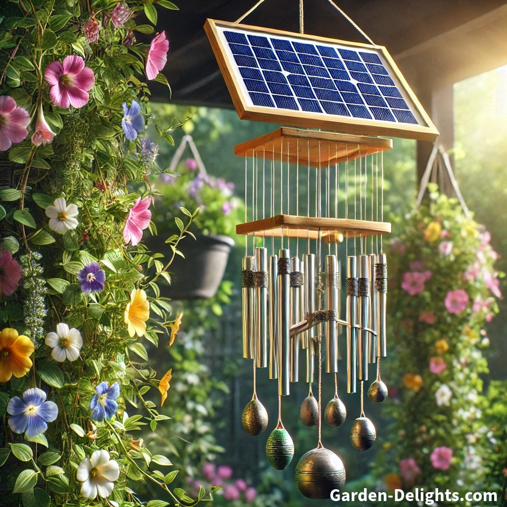 🌞 Solar wind chimes made of ♻️ bamboo and glass, glowing in a vibrant garden with 🌿 climbing plants. 💡 Clean solar panels capture sunlight.